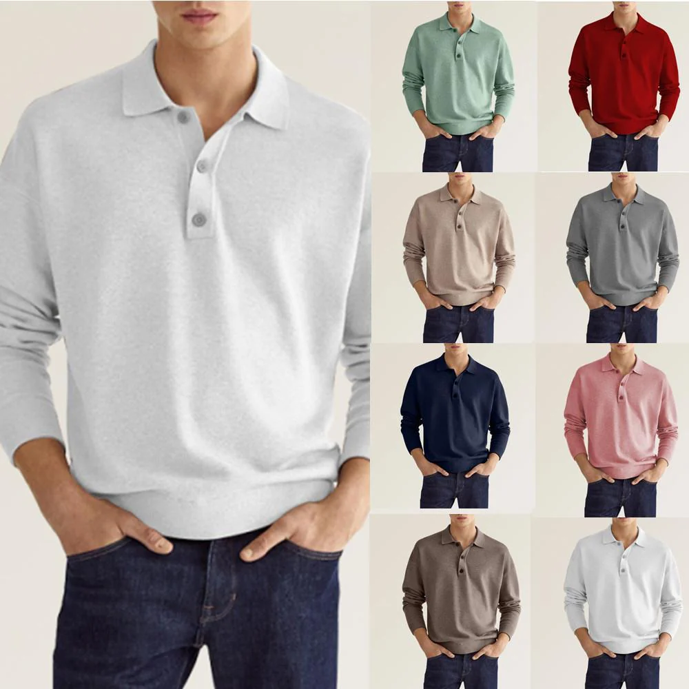 Long sleeved V-neck buttoned men's casual top polo shirt