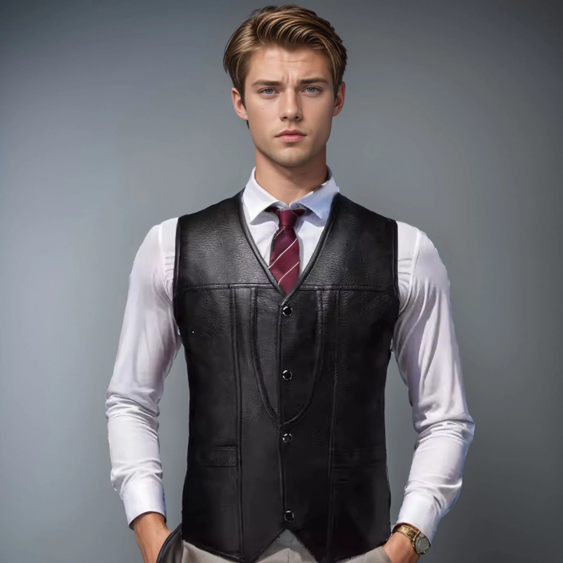 V-neck PU leather waistcoat men's waistcoats