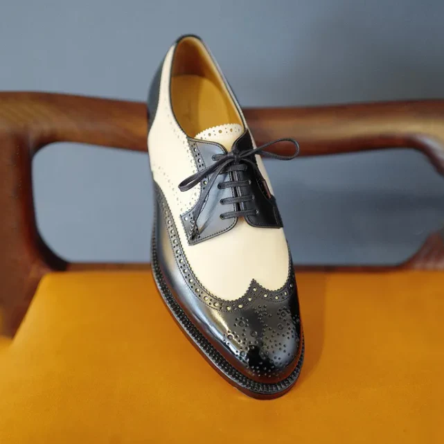Classic Black&White Pointed Wing Block Premium Leather Oxford Shoes