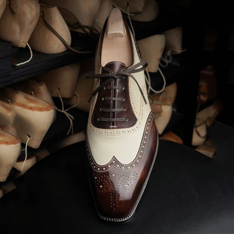 Two Tone Paneled Pointed Toe Brogues Lace-Up Classic Business Oxfords