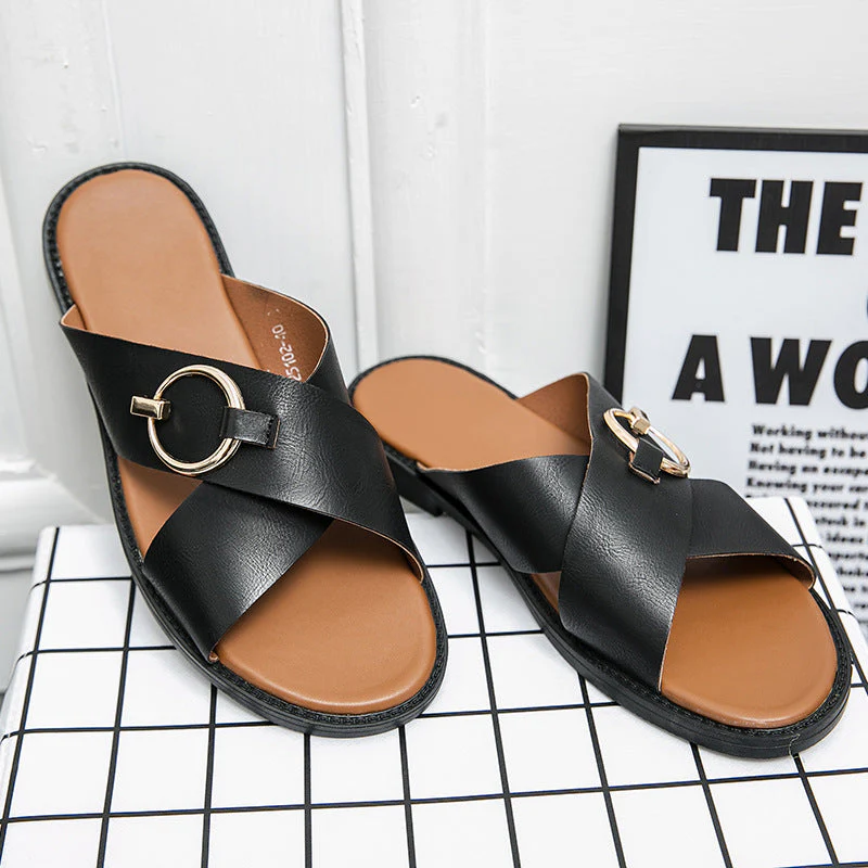 Black leather handmade non-slip sandals