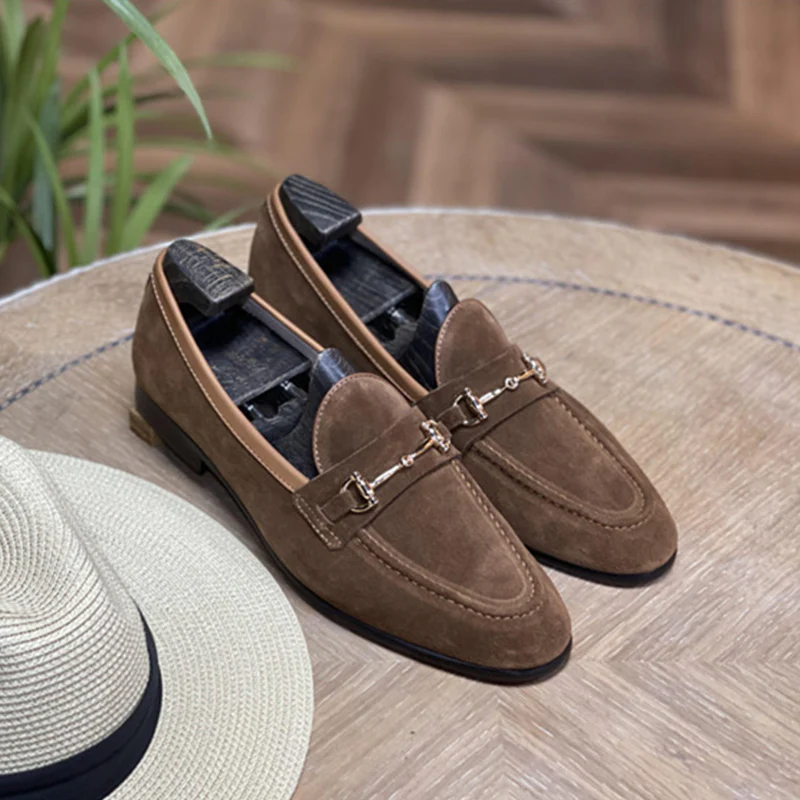 Fashion Double Buckle Classic Suede Business Loafers Slip-On Shoes