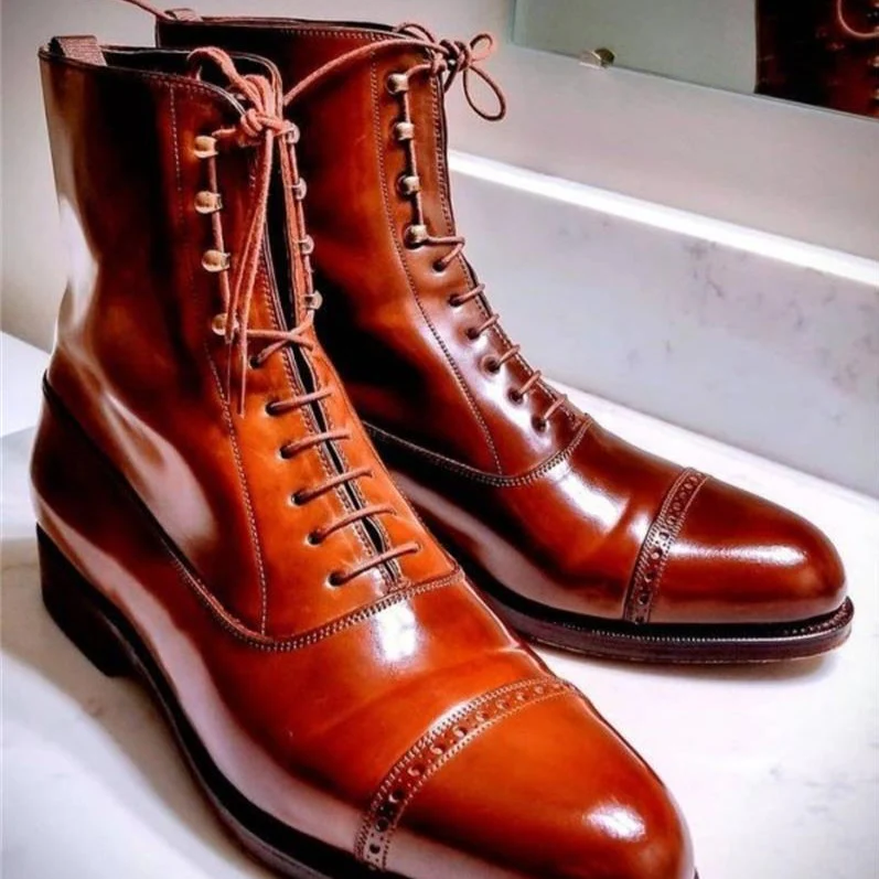 New Men Shoes Handmade Brown PU Boots