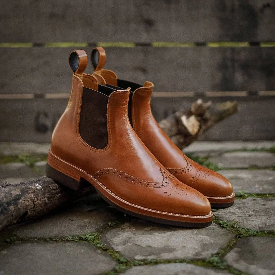 Yellow senior men's handmade broch chelsea boots