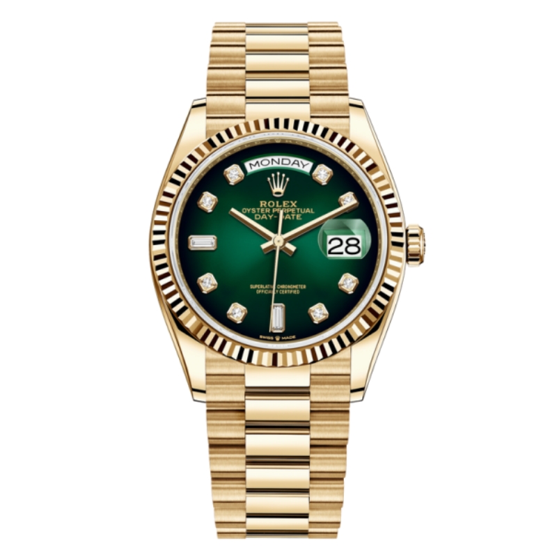 ROLEX Day-Date Green Ombre Diamond Dial Yellow Gold President Automatic Watch 128238