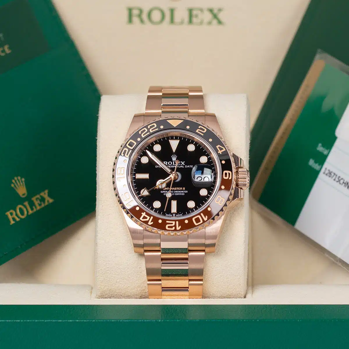 Rolex GMT Master II ‘Rootbeer’ Rose Gold 40mm Automatic Oyster Black Dial Brown and Black Ceramic Bezel Ref. 126715CHNR-0001