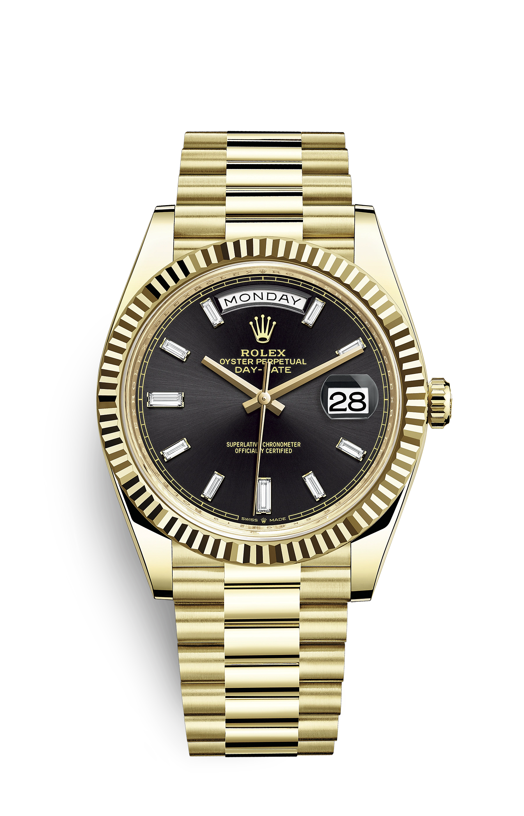 Rolex Day-Date 40 Onyx 10 Baguette Diamond Dial 18K Yellow Gold President Men's Watch 228238