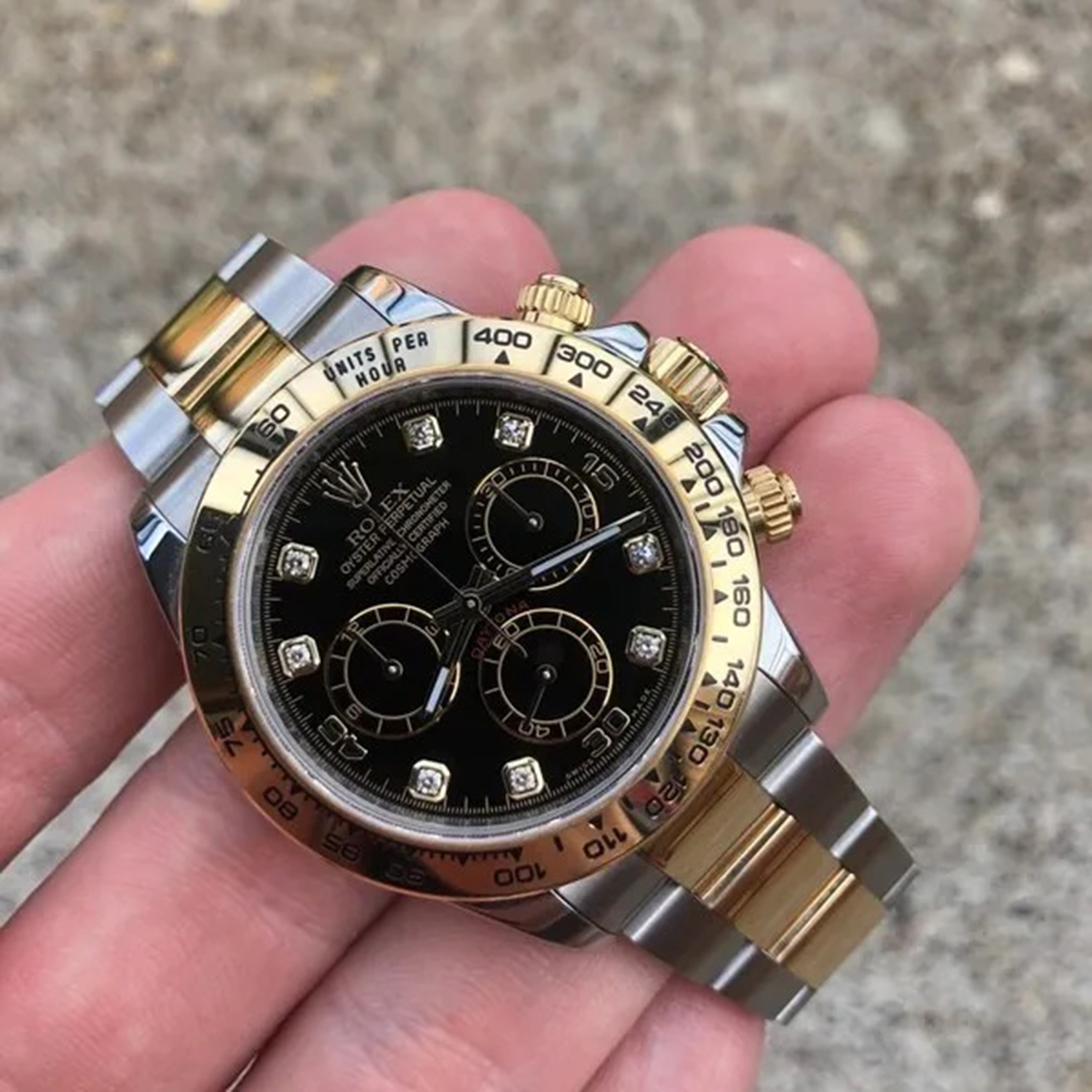 Rolex Cosmograph Daytona Black Dial with Diamonds Two-Tone Yellow Gold & Stainless 40mm (116523)
