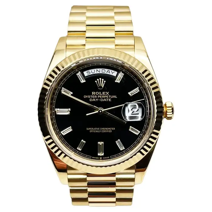 Rolex Day-Date 40 Onyx 10 Baguette Diamond Dial 18K Yellow Gold President Men's Watch 228238