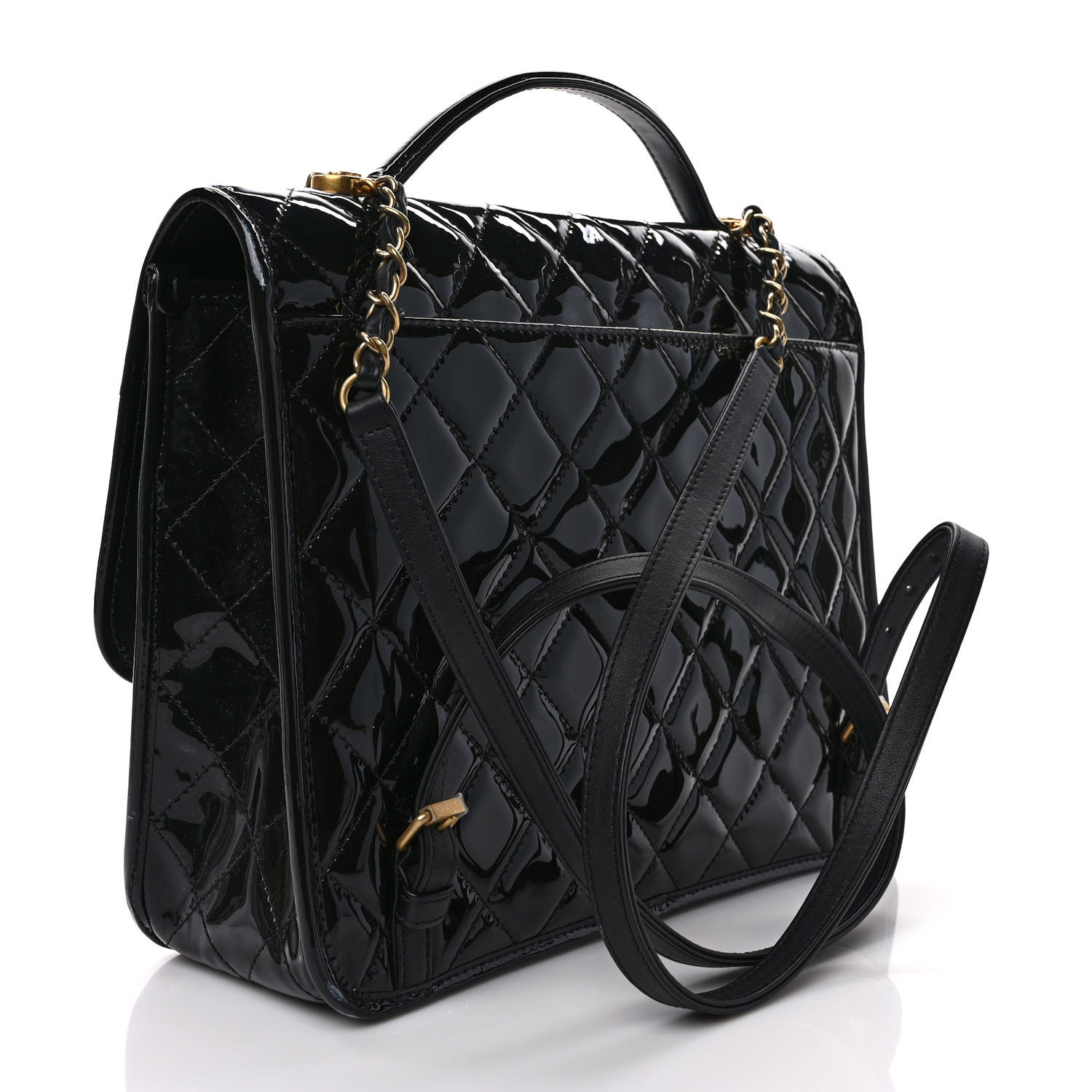 CHANEL  Patent Quilted Large School Memory Top Handle Flap Black