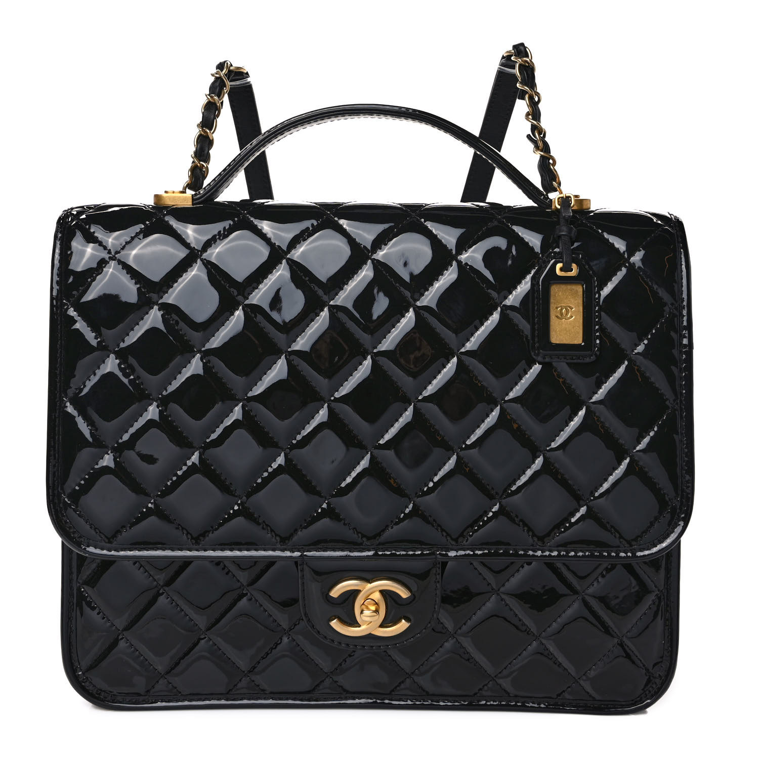 CHANEL  Patent Quilted Large School Memory Top Handle Flap Black