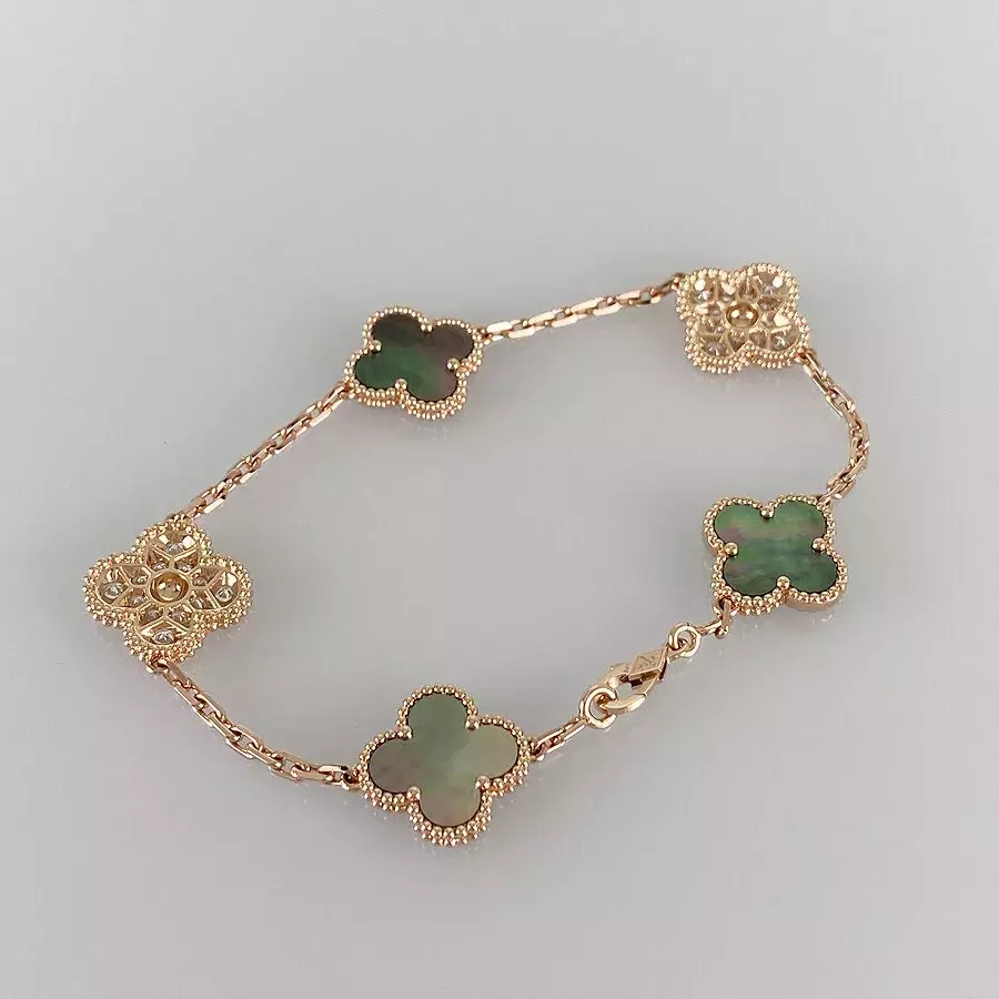 Van Cleef & Arpels 18k Vintage Alhambra Rose Gold Shell diamond 5-Motif Bracelet