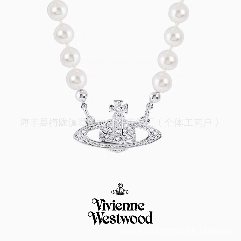 High Version Western Queen Mother Necklace Women's Classic Saturn Pin Pearl High-end 925 Silver Necklace High Version