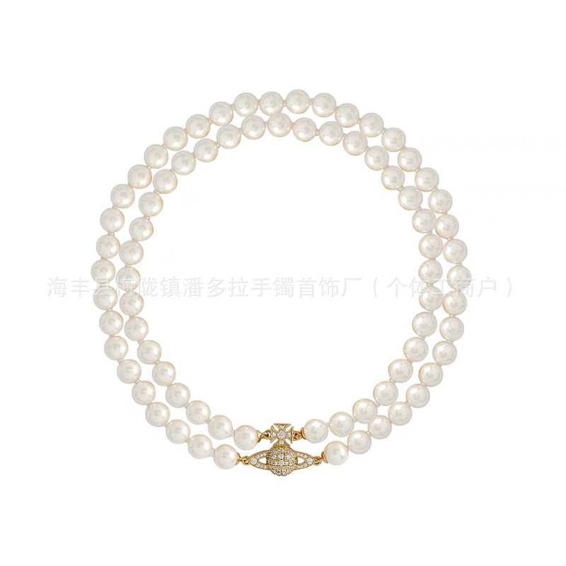 High Version West Dowager Double-Layer Magnet Buckle Saturn Pearl Necklace Collarbone Chain European and American Elegant Women's TikTok
