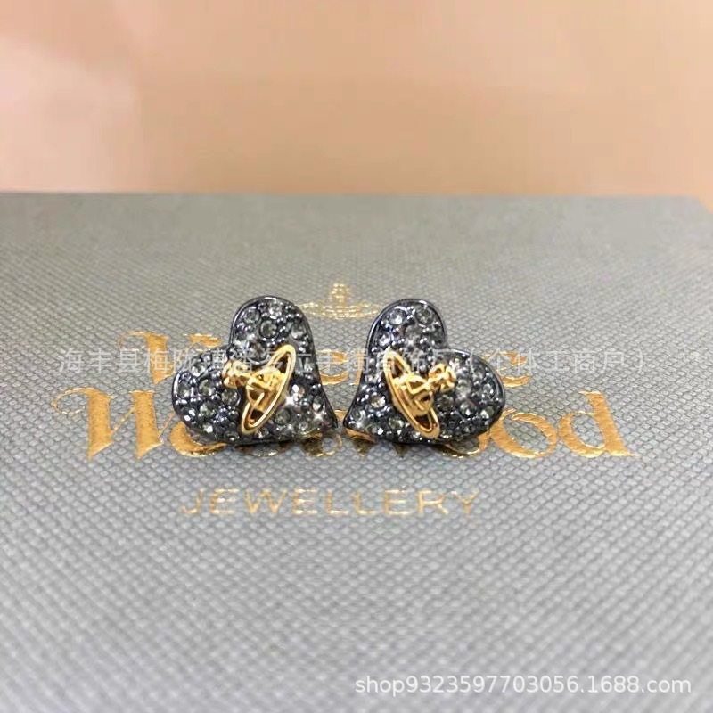Empress Dowager's New Full Diamond Love Heart Saturn Earrings Women's Fashion Elegant Commuter OL Design Earrings in stock