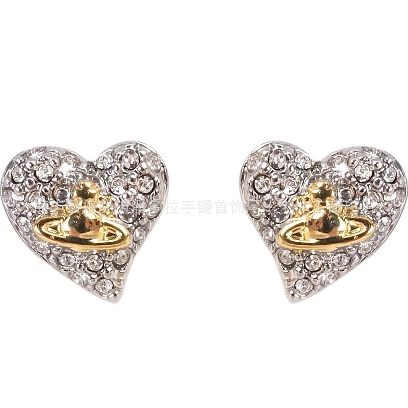Empress Dowager's New Full Diamond Love Heart Saturn Earrings Women's Fashion Elegant Commuter OL Design Earrings in stock
