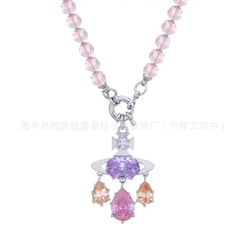 New Queen Mother's Dream Catcher Mermaid Tears Powder Amethyst Saturn Pendant Necklace Dopamine Color Zircon Earrings