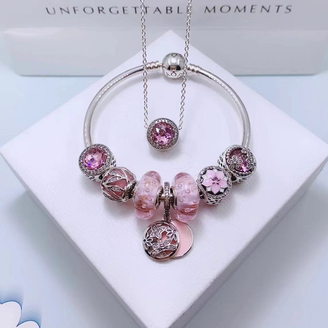 High Version New pan  luxuryreplica 925 Sterling Silver Bracelet Women's Beaded DIY Scattered Beads Pendant Bracelet Necklace suit