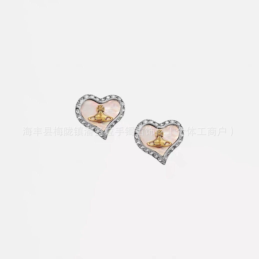 High Version Empress Dowager Color Diamond Love Fritillaria Saturn Earrings Women's Design Light Luxury European and American Fashion Elegant Earrings