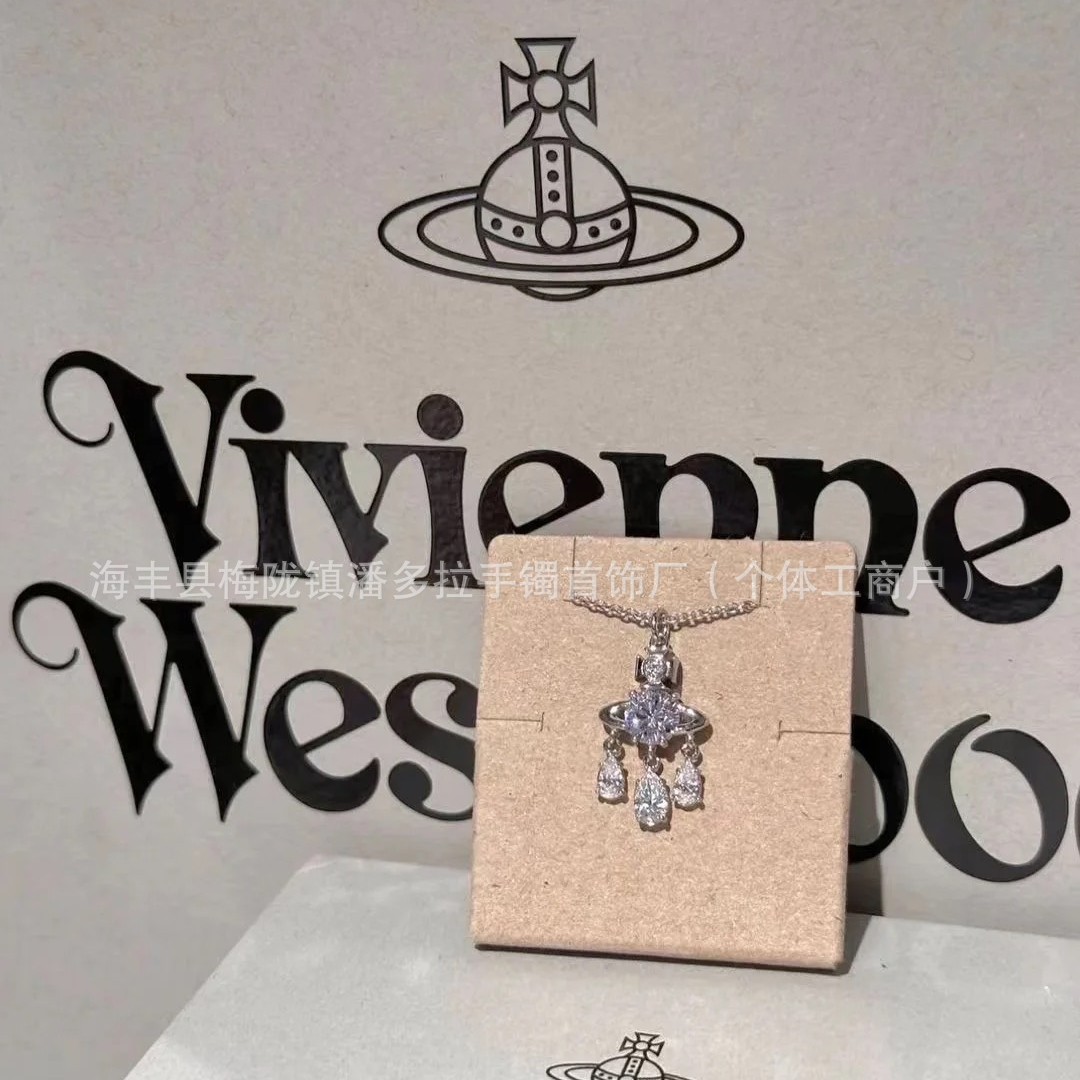 New High Version West Dowager 925 Sterling Silver Dream Catcher Necklace with Diamond Water Drop Hanging Elegant Earrings