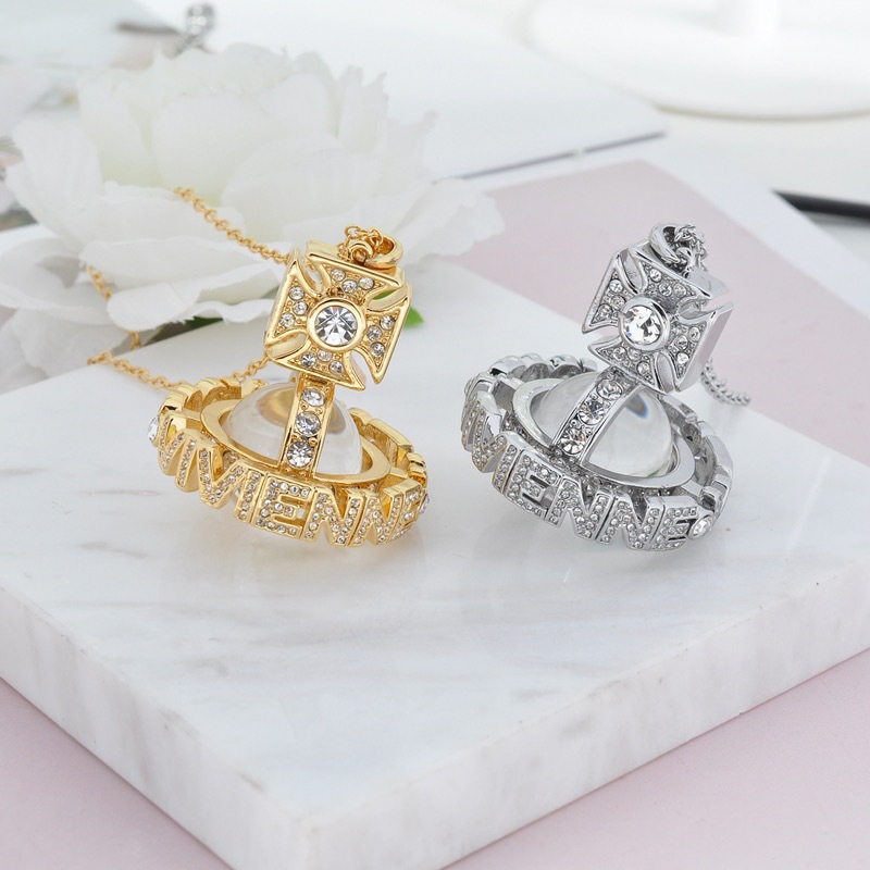 High Version Queen Mother vivi  luxuryreplica Vivian Sweet Cool Full Diamond Stereoscopic Letter Glass Bead Earrings Necklace