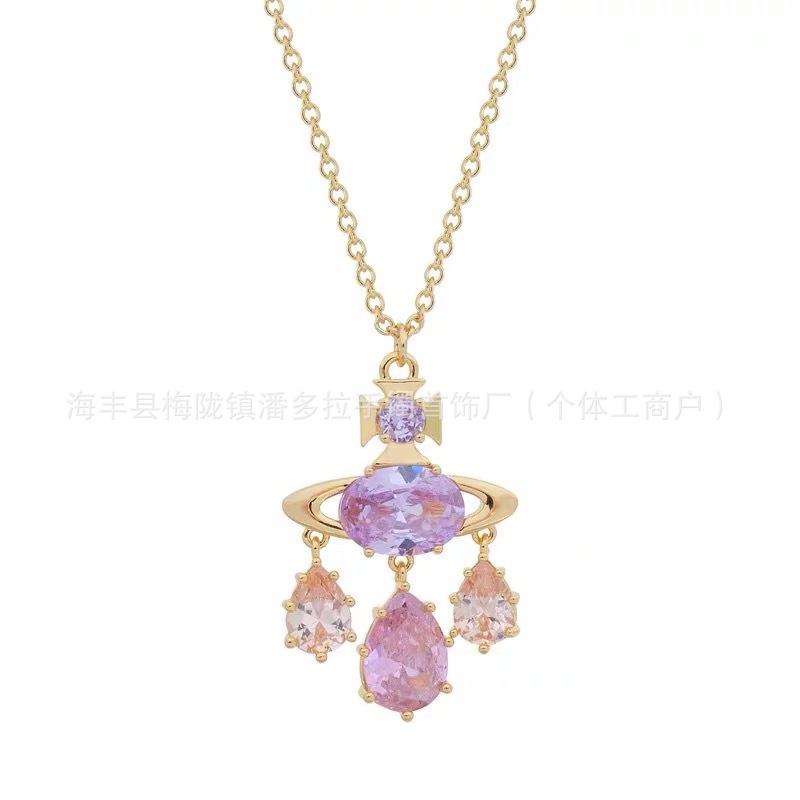 New Queen Mother's Dream Catcher Mermaid Tears Powder Amethyst Saturn Pendant Necklace Dopamine Color Zircon Earrings