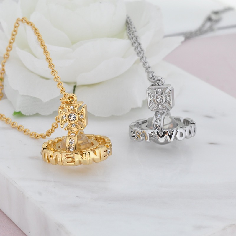 High Version Queen Mother vivi  luxuryreplica Vivian Sweet Cool Full Diamond Stereoscopic Letter Glass Bead Earrings Necklace