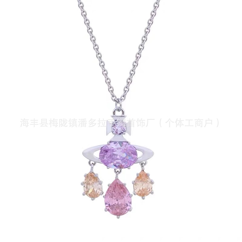 New Queen Mother's Dream Catcher Mermaid Tears Powder Amethyst Saturn Pendant Necklace Dopamine Color Zircon Earrings