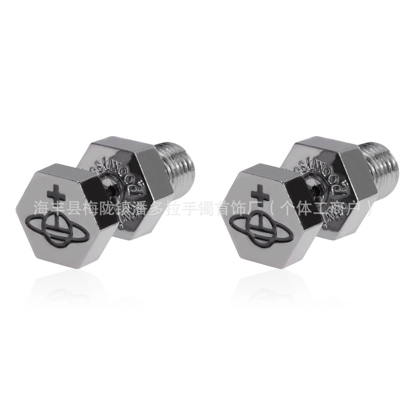 High Version 925 Material Saturn Series Punk Gold Silver Titanium Black Hexagon Thread Screw Saturn Ear Stud Earrings