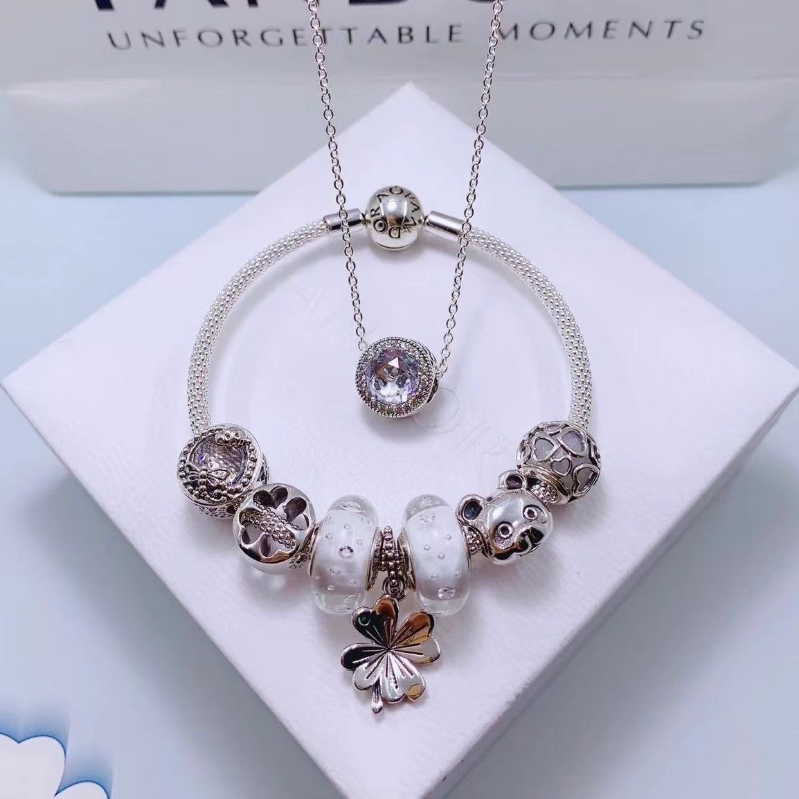 High Version New pan  luxuryreplica 925 Sterling Silver Bracelet Women's Beaded DIY Scattered Beads Pendant Bracelet Necklace suit