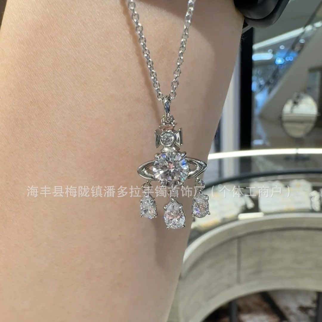 New High Version West Dowager 925 Sterling Silver Dream Catcher Necklace with Diamond Water Drop Hanging Elegant Earrings