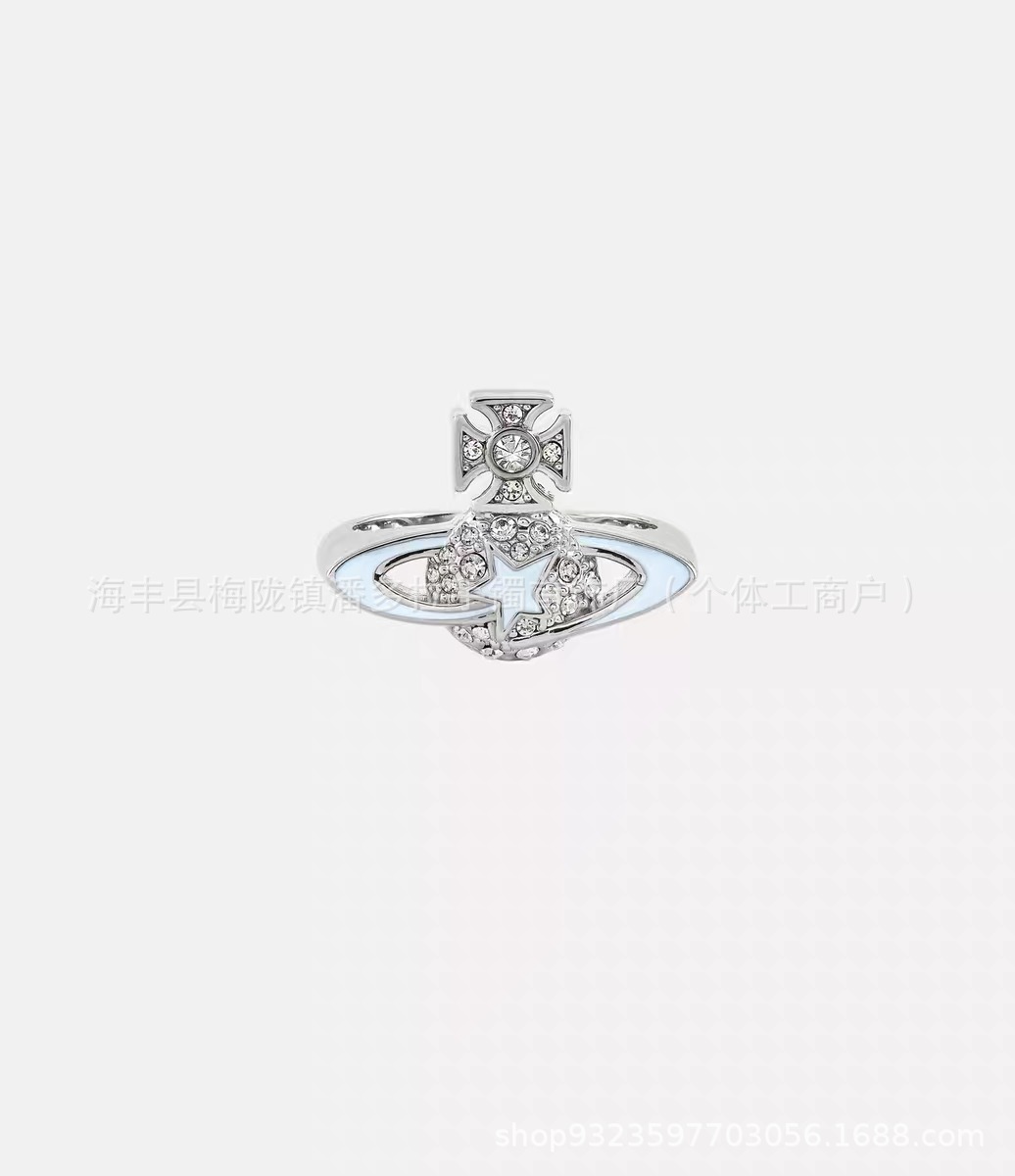 High Version Queen Mother vivi  luxuryreplica Vivian 23 New Sweet Full Diamond Blue Meteor Saturn Ring 925
