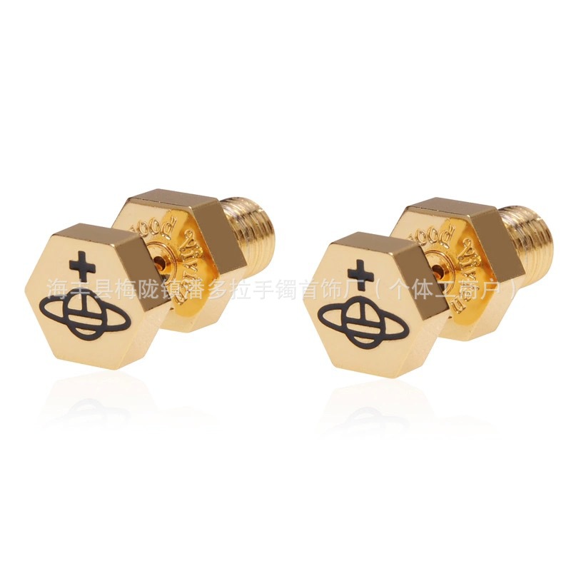 High Version 925 Material Saturn Series Punk Gold Silver Titanium Black Hexagon Thread Screw Saturn Ear Stud Earrings