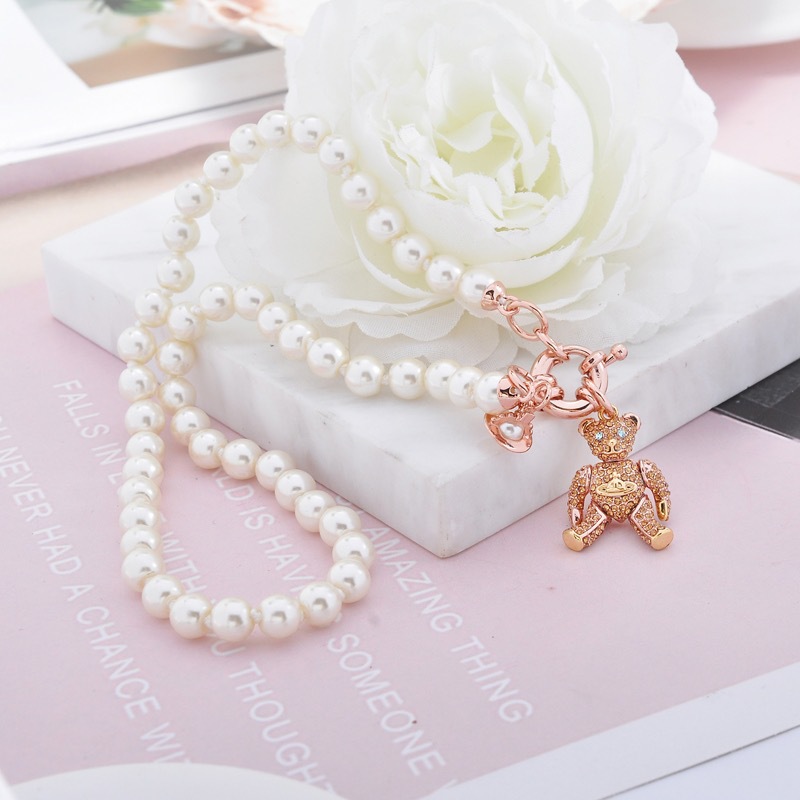 High Version Queen Mother vivi  luxuryreplica  Sweet Activity Joint Pearl Bear Saturn Bracelet Necklace