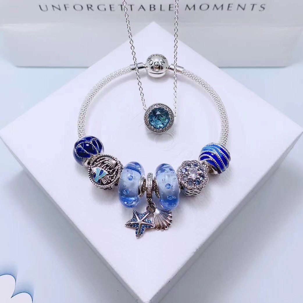 High Version New pan  luxuryreplica 925 Sterling Silver Bracelet Women's Beaded DIY Scattered Beads Pendant Bracelet Necklace suit