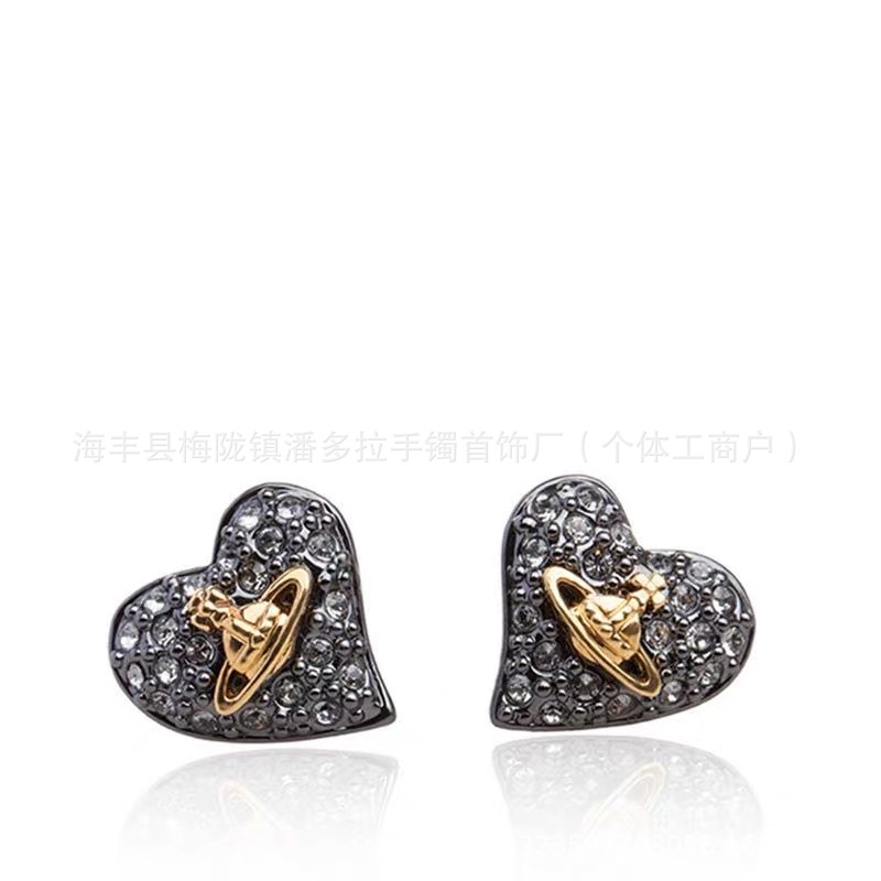 Empress Dowager's New Full Diamond Love Heart Saturn Earrings Women's Fashion Elegant Commuter OL Design Earrings in stock