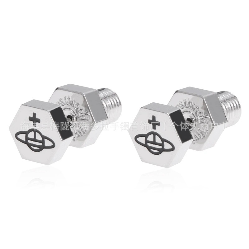 High Version 925 Material Saturn Series Punk Gold Silver Titanium Black Hexagon Thread Screw Saturn Ear Stud Earrings