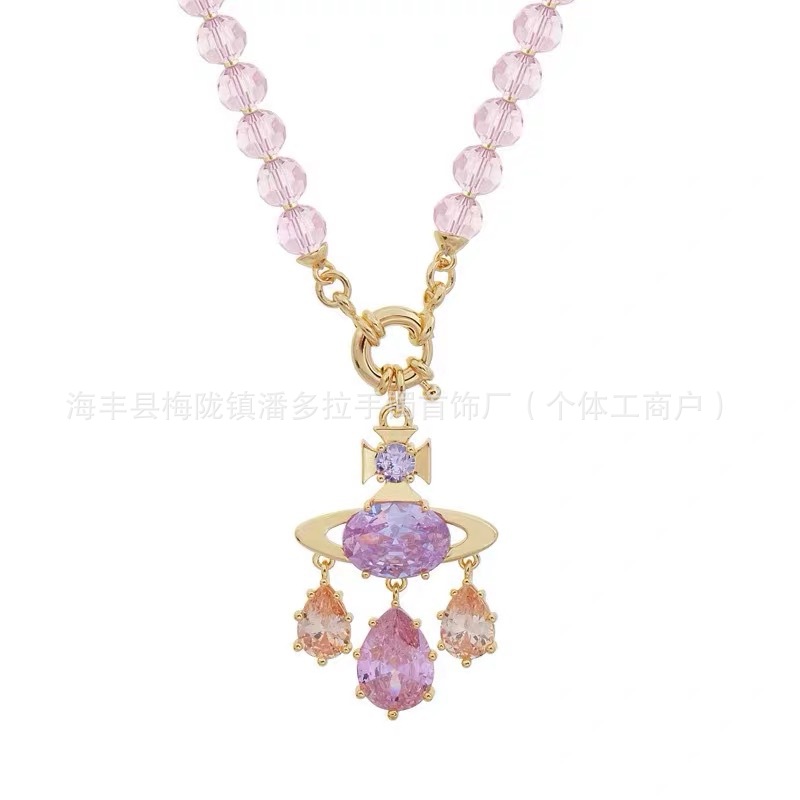 New Queen Mother's Dream Catcher Mermaid Tears Powder Amethyst Saturn Pendant Necklace Dopamine Color Zircon Earrings
