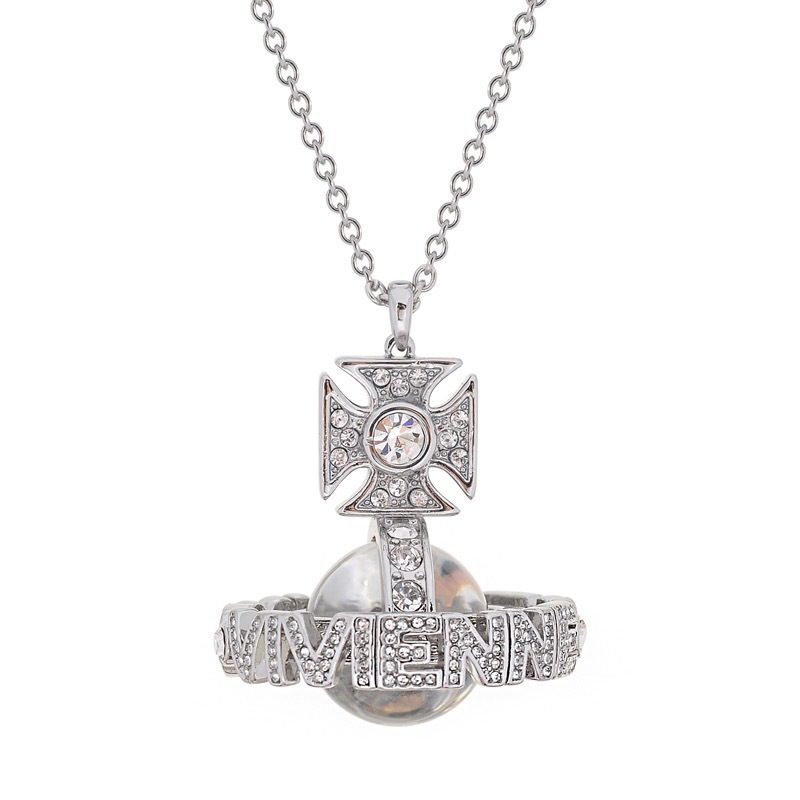 High Version Queen Mother vivi  luxuryreplica Vivian Sweet Cool Full Diamond Stereoscopic Letter Glass Bead Earrings Necklace