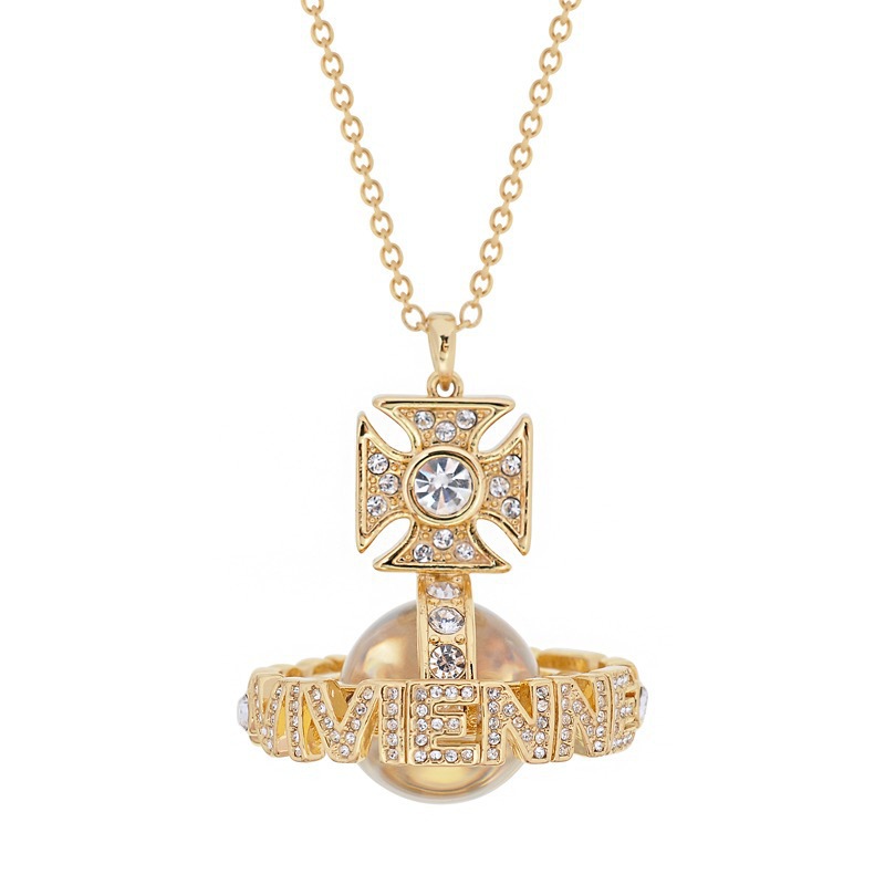 High Version Queen Mother vivi  luxuryreplica Vivian Sweet Cool Full Diamond Stereoscopic Letter Glass Bead Earrings Necklace