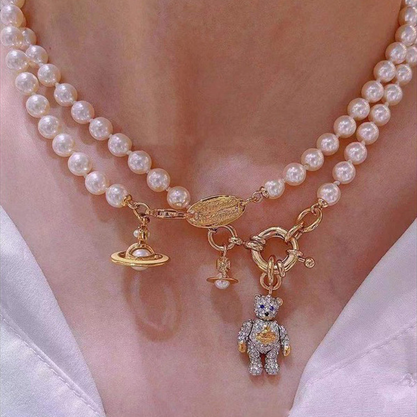 High Version Queen Mother vivi  luxuryreplica  Sweet Activity Joint Pearl Bear Saturn Bracelet Necklace