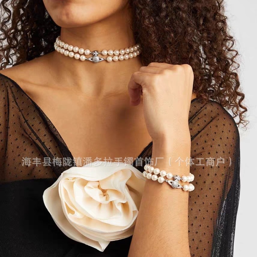 High Version West Dowager Double-Layer Magnet Buckle Saturn Pearl Necklace Collarbone Chain European and American Elegant Women's TikTok