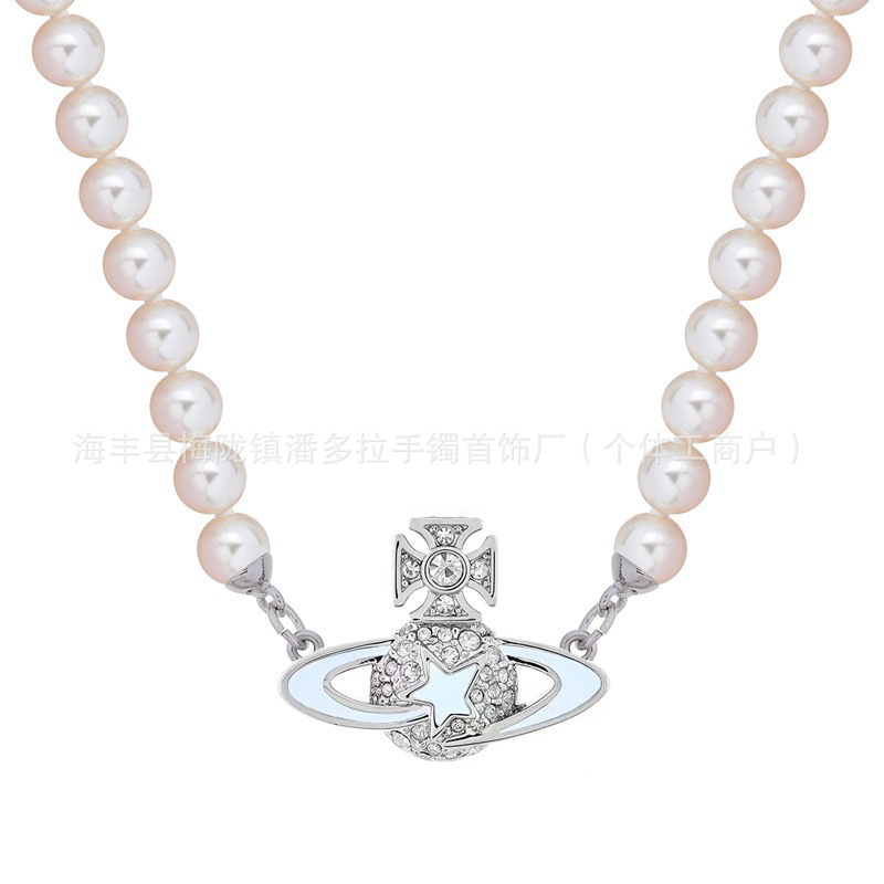 High Version Queen Mother's Five-pointed Star Saturn Pearl Necklace vivi  luxuryreplica Meteor Full Diamond Bracelet Earrings Earrings