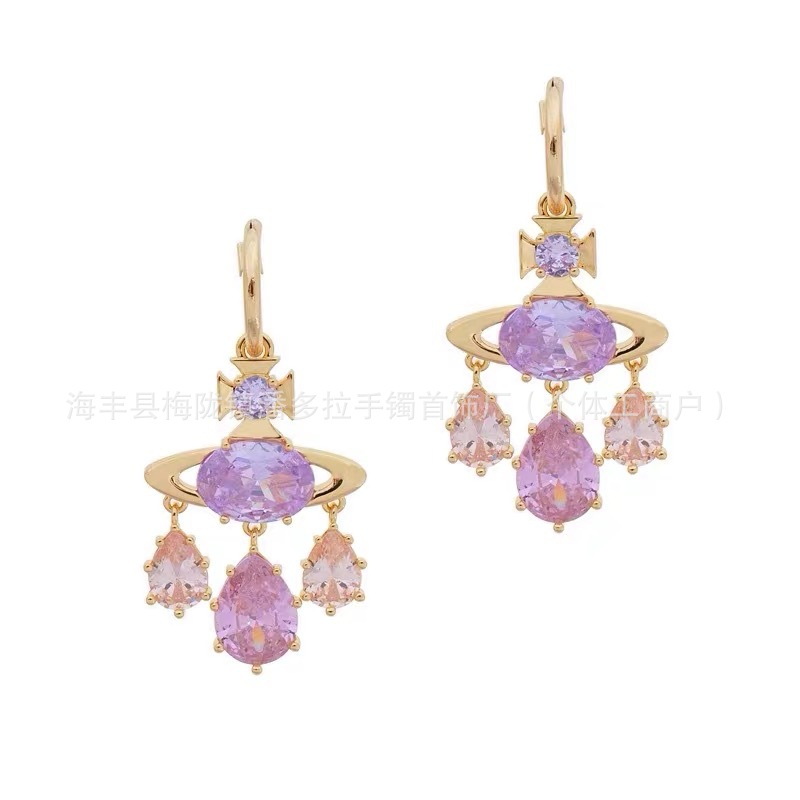 New Queen Mother's Dream Catcher Mermaid Tears Powder Amethyst Saturn Pendant Necklace Dopamine Color Zircon Earrings