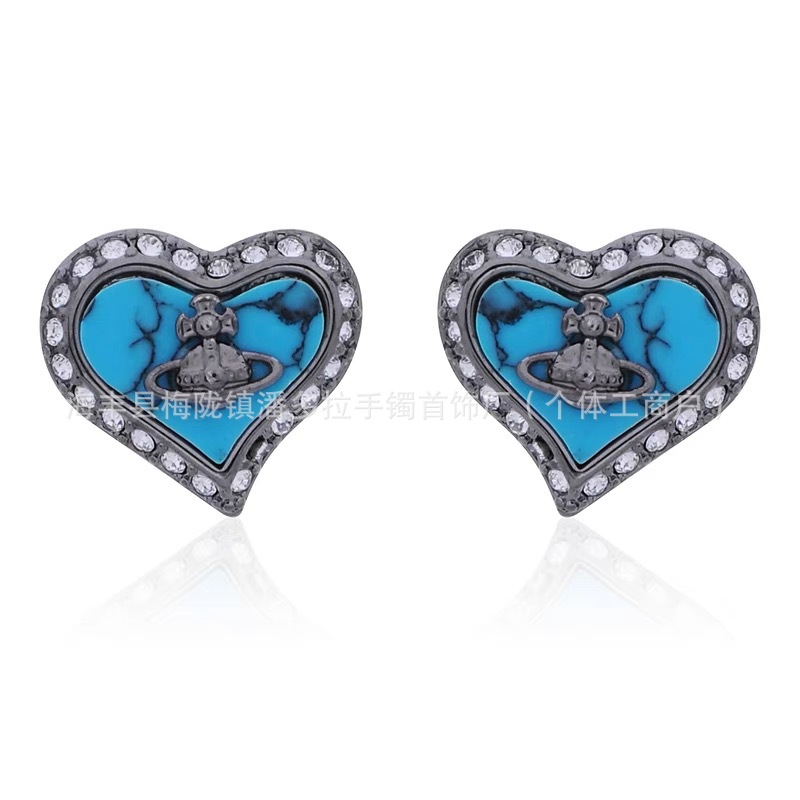 High Version Empress Dowager Color Diamond Love Fritillaria Saturn Earrings Women's Design Light Luxury European and American Fashion Elegant Earrings