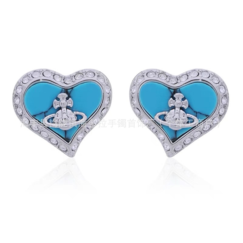 High Version Empress Dowager Color Diamond Love Fritillaria Saturn Earrings Women's Design Light Luxury European and American Fashion Elegant Earrings