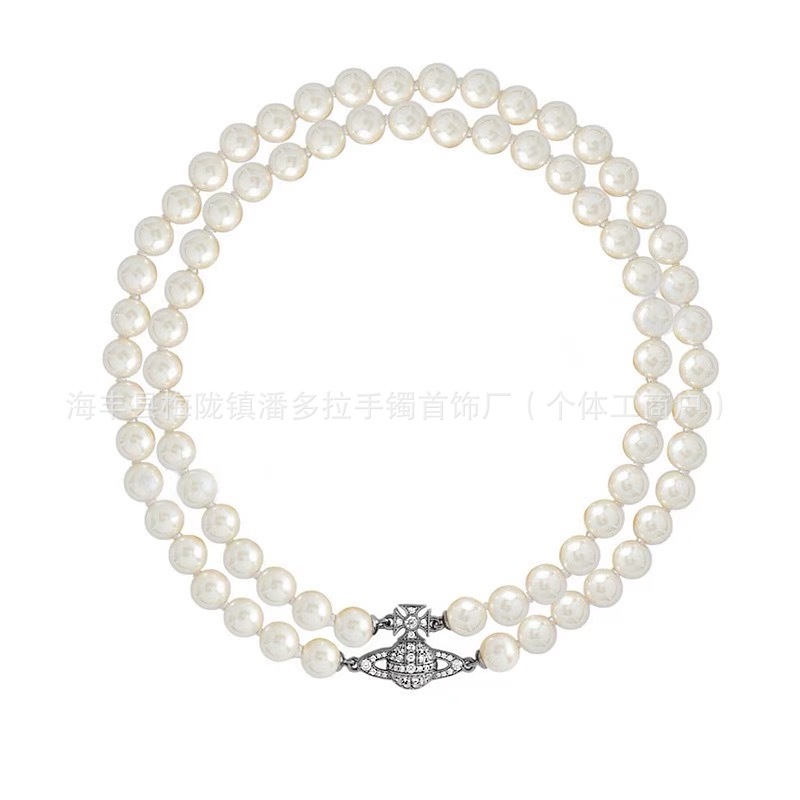 High Version West Dowager Double-Layer Magnet Buckle Saturn Pearl Necklace Collarbone Chain European and American Elegant Women's TikTok