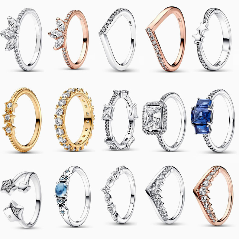 pan  luxuryreplica 925 Silver Rose Gold Drop Crown Ring Zircon Five-pointed Star Ring Ring