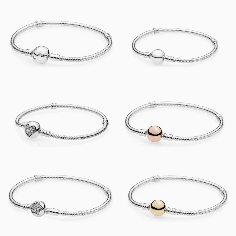 pan luxuryreplica 925 sterling silver round head pavé five-pointed star snake bone bracelet DIY basic bracelet women