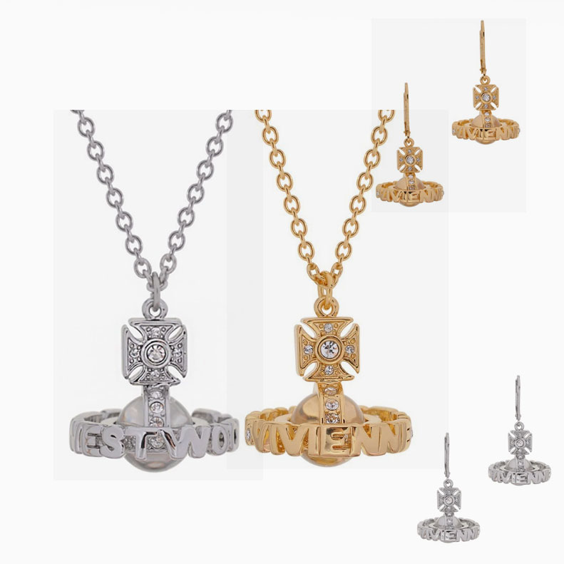 High Version Queen Mother vivi  luxuryreplica Vivian Sweet Cool Full Diamond Stereoscopic Letter Glass Bead Earrings Necklace